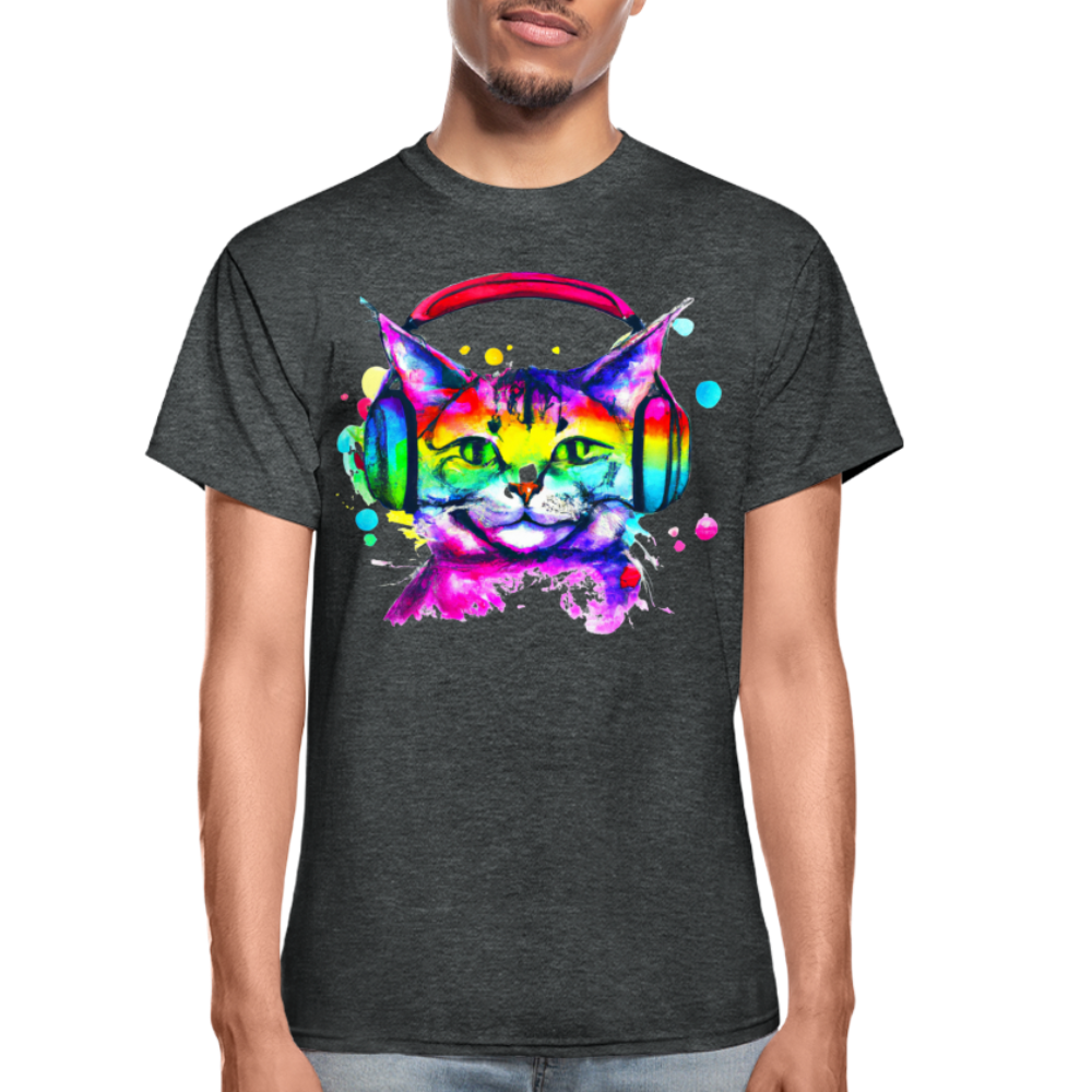 Happy Cat With Headphones T-Shirt - deep heather