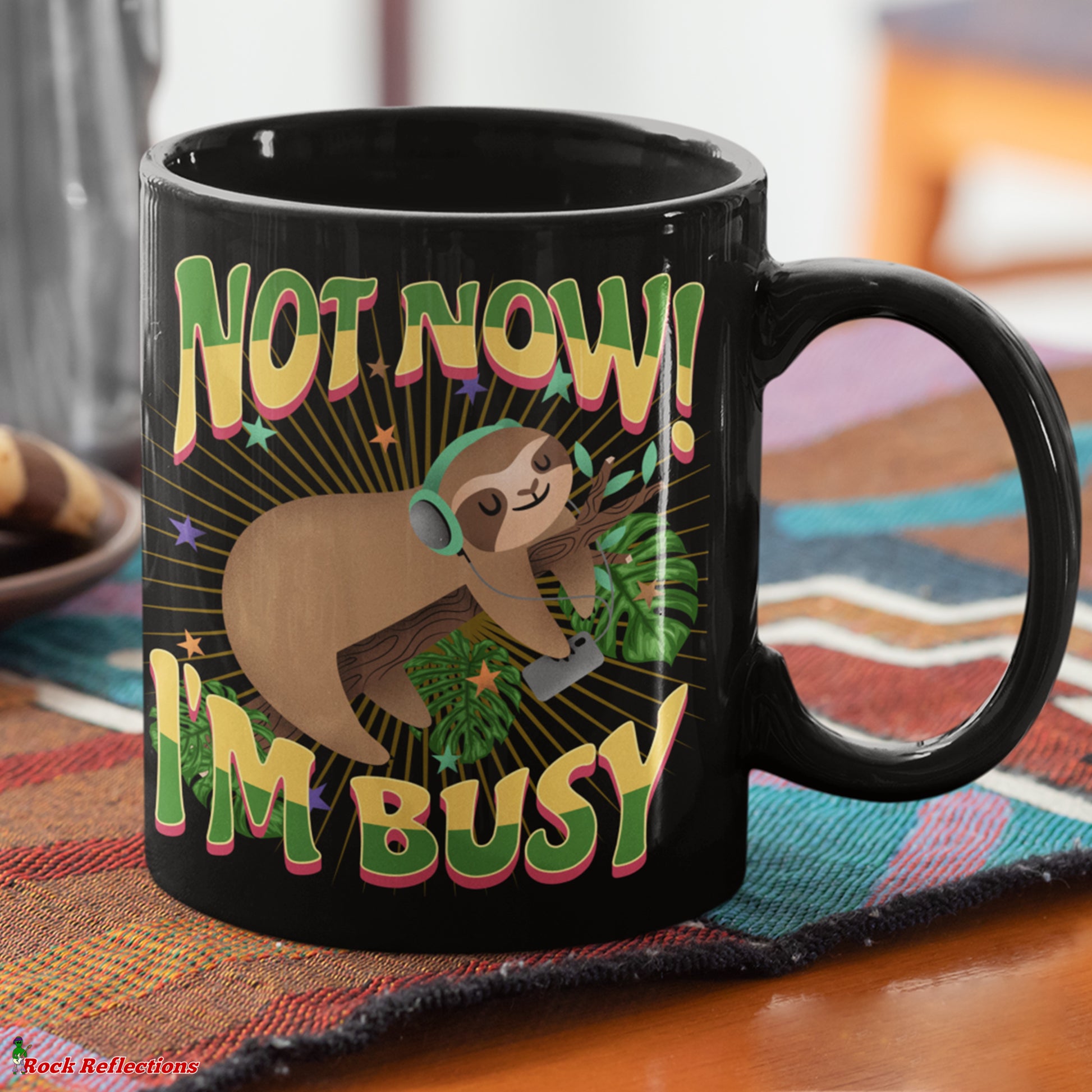 Busy Sloth Black Mug CustomCat