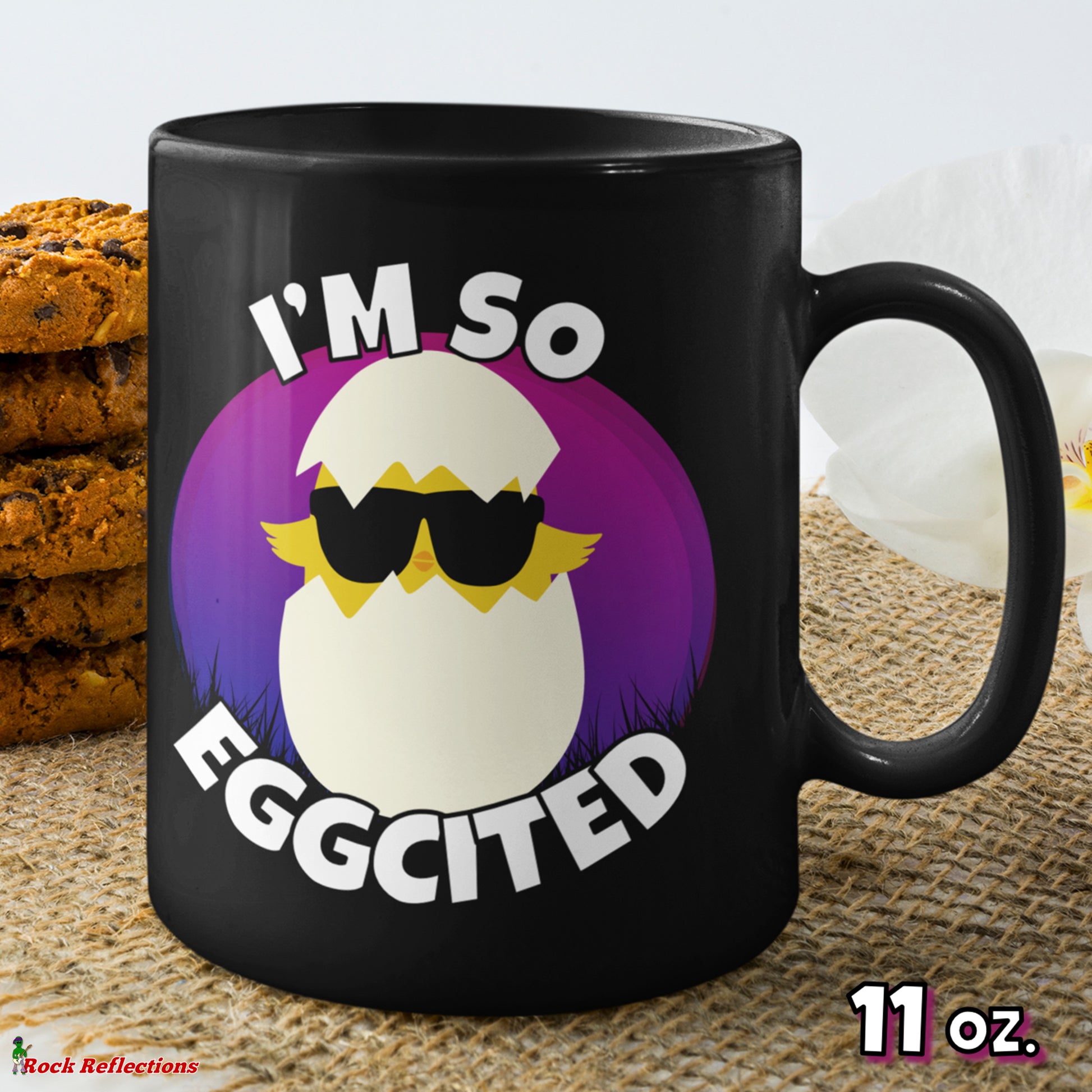 Sunglasses Egg - So Eggcited Black Mug CustomCat