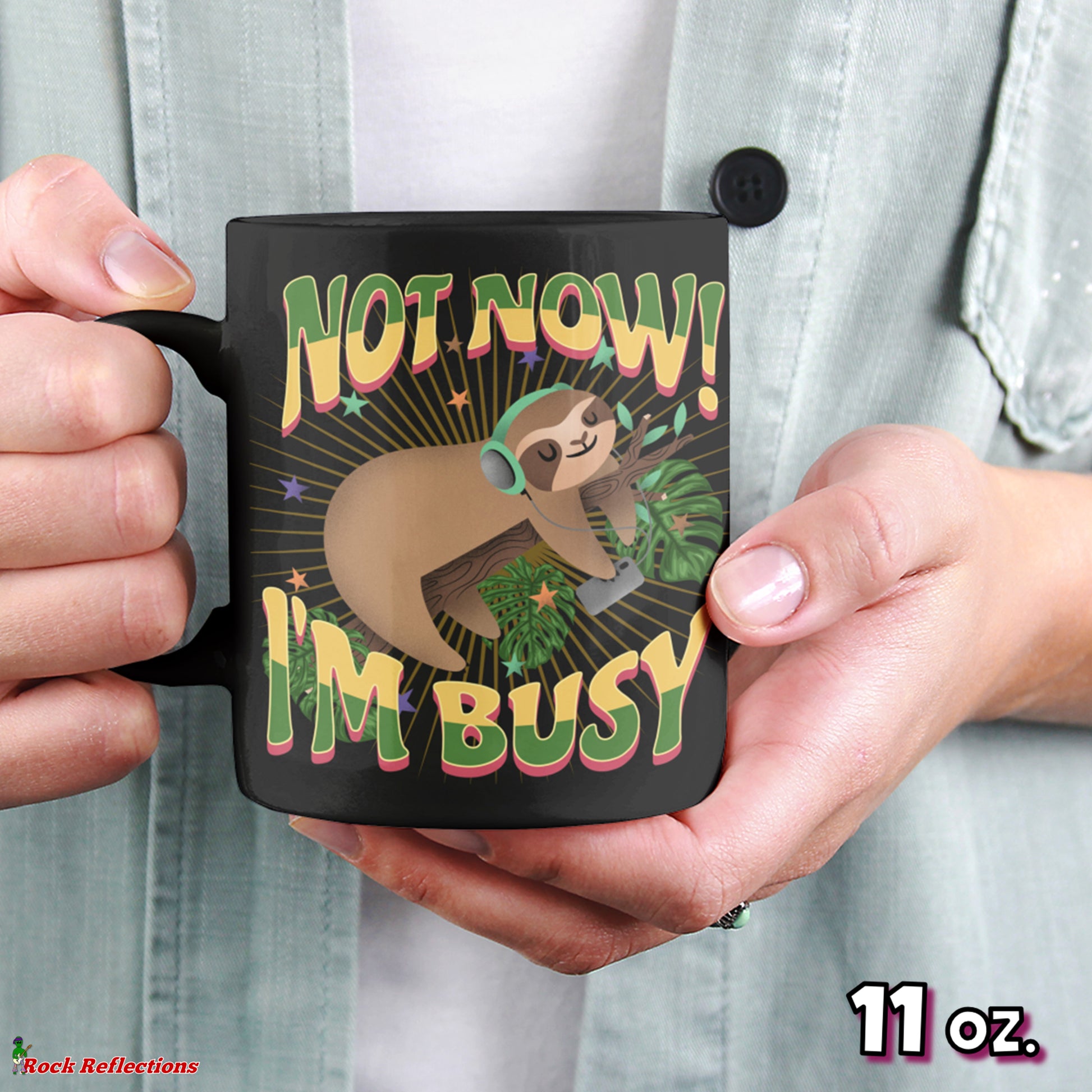 Busy Sloth Black Mug CustomCat