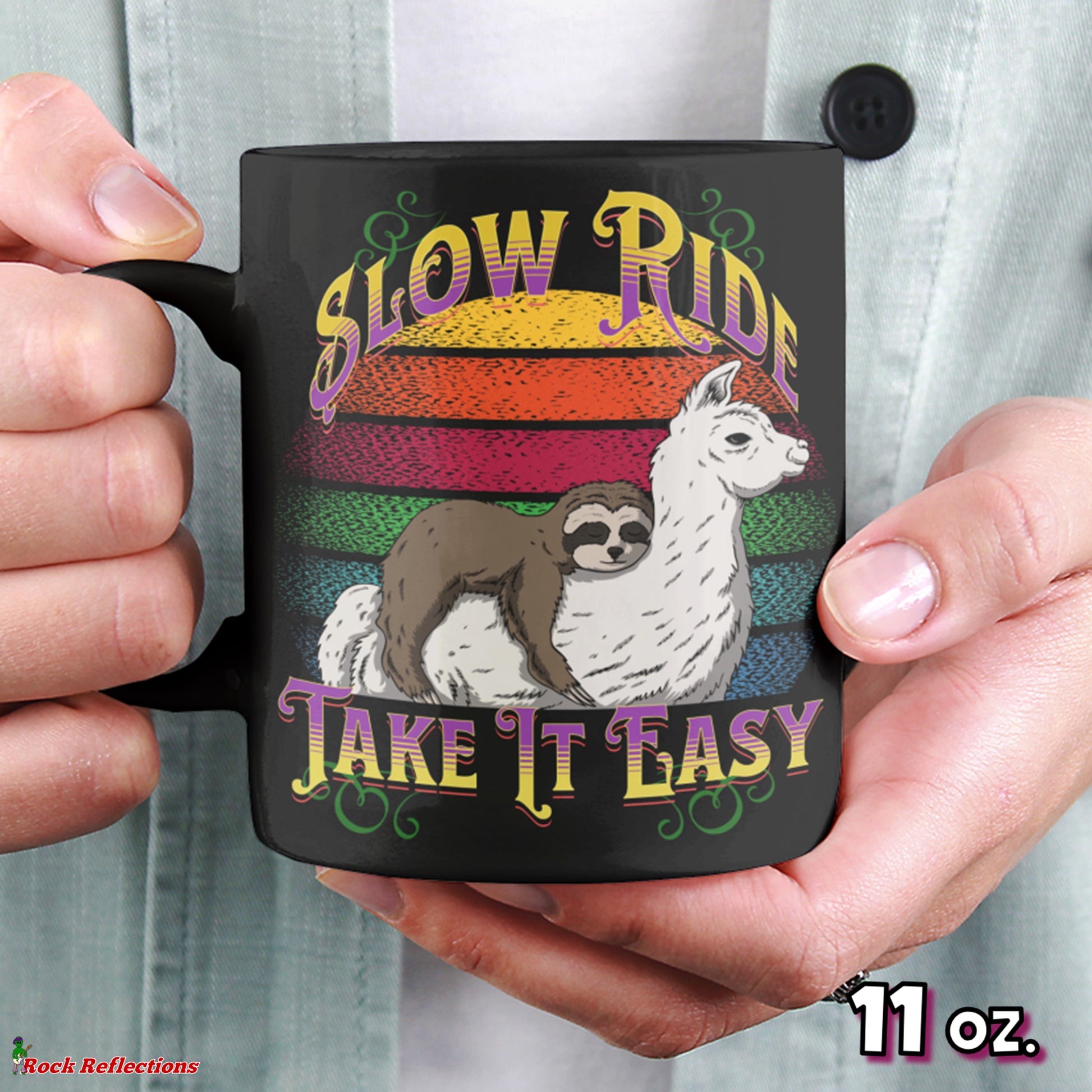Slow Ride Sloth & Llama Black Mug CustomCat