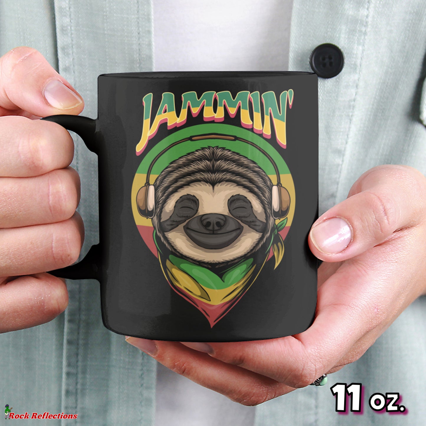 Jammin' Reggae Sloth Black Mug CustomCat