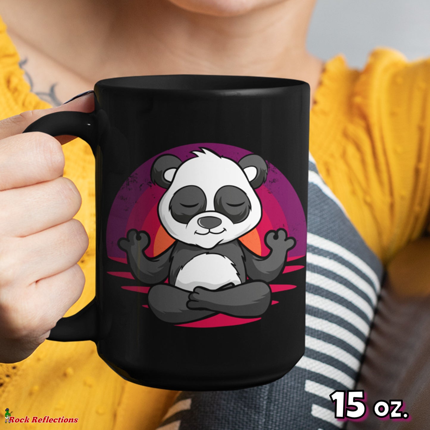 Yoga Panda Sunset Black Mug CustomCat