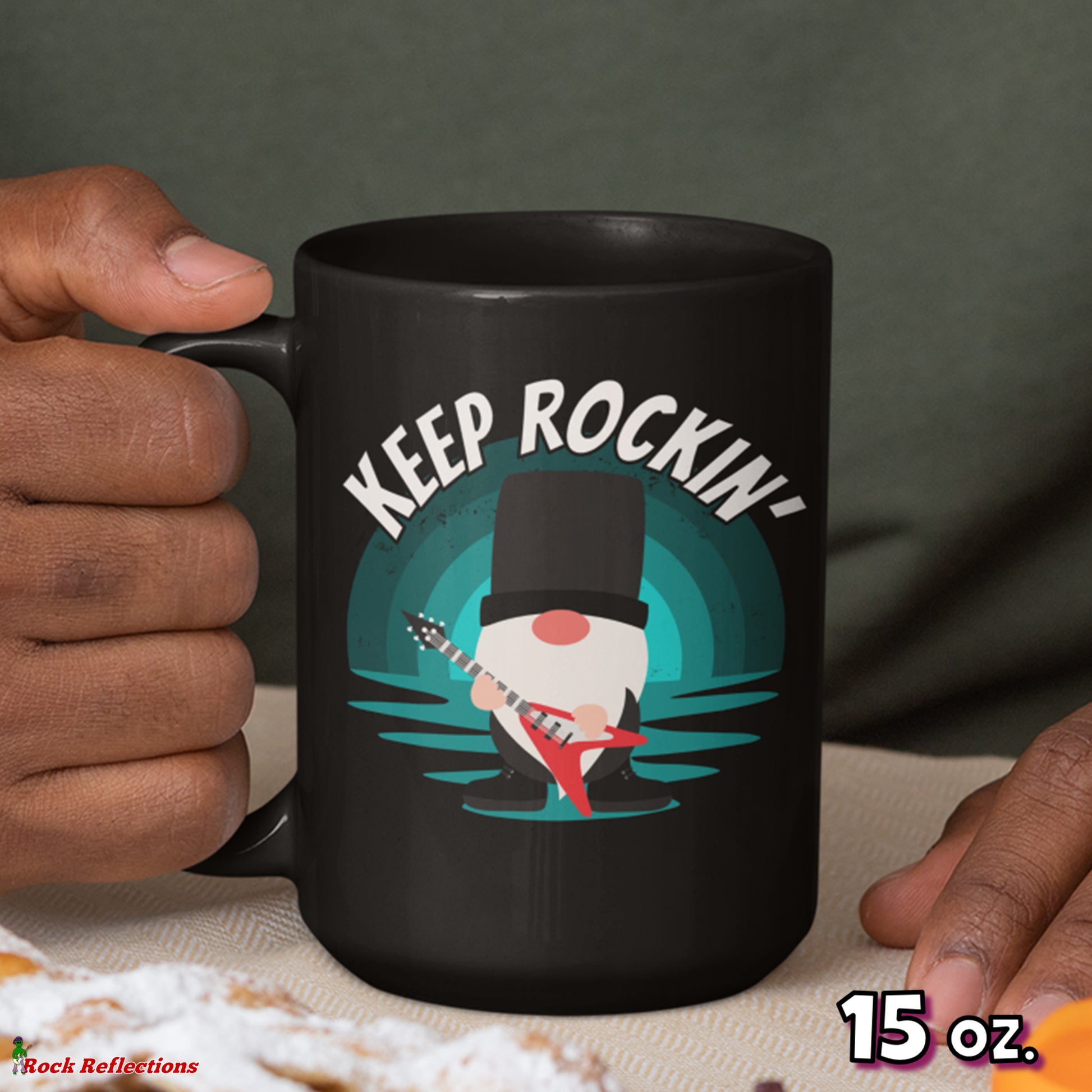 Keep Rockin' Gnome Black Mug CustomCat