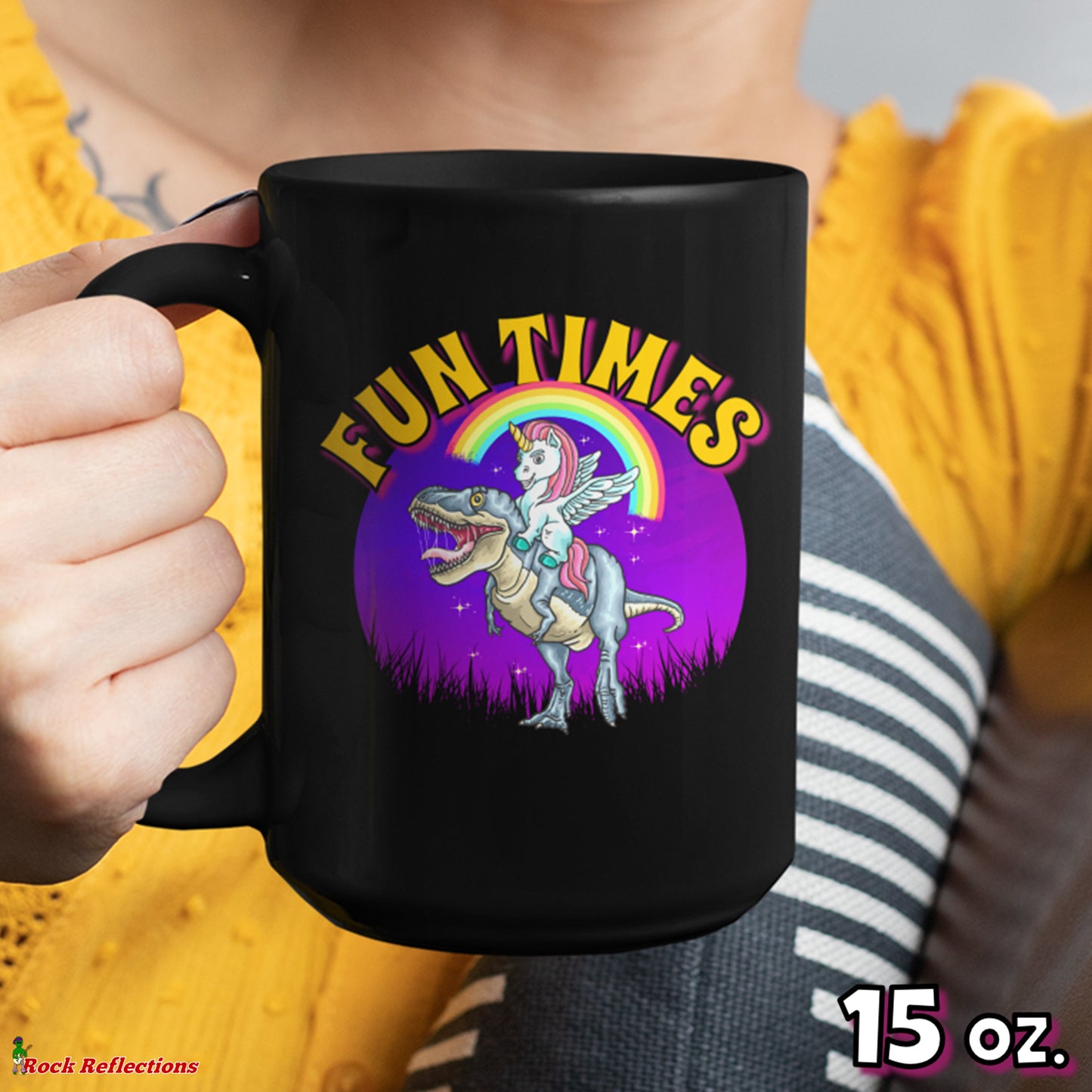 Unicorn Riding T-Rex Black Mug CustomCat