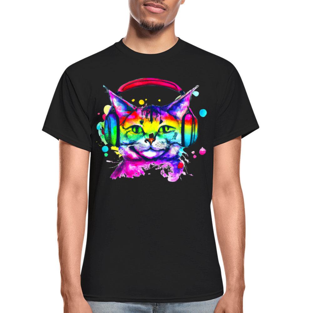 Happy Cat With Headphones T-Shirt - black