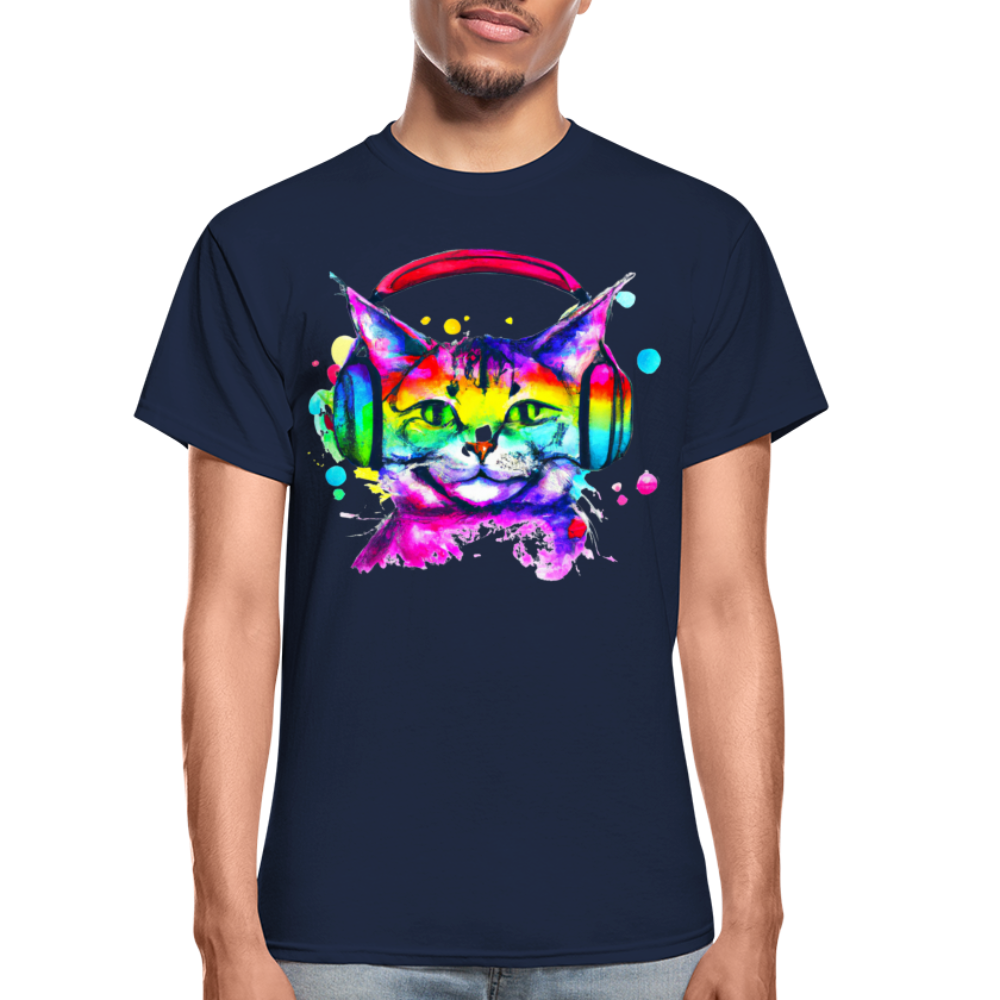 Happy Cat With Headphones T-Shirt - navy